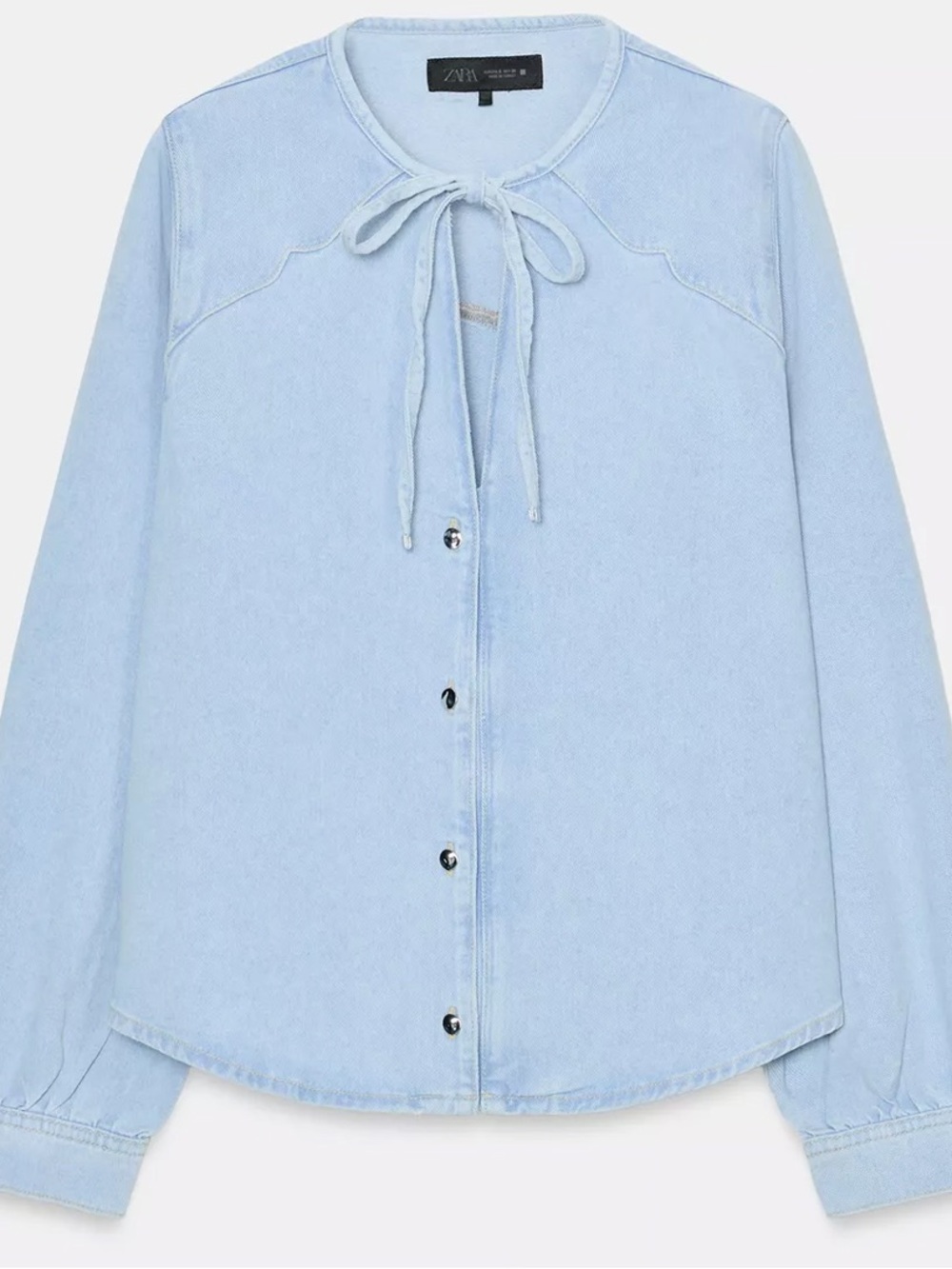 Zara Light Blue Soft Denim Tie-Neck Button Down Shirt Large NWT - Picture 5 of 13